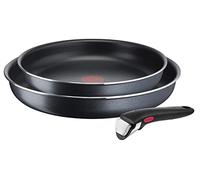 Tefal L15891 Ingenio XL Force - Juego de sartenes (3 piezas, 24/28 cm, 1 mango extraíble, apilables, revestimiento antiadherente, indicador de temperatura de señal térmica, gris/azul, tamaño grande)