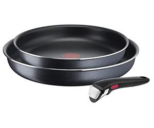 Tefal L15891 Ingenio XL Force - Juego de sartenes (3 piezas, 24/28 cm, 1 mango extraíble, apilables, revestimiento antiadherente, indicador de temperatura de señal térmica, gris/azul, tamaño grande)