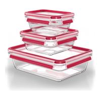 Tefal Masterseal Cristal, Set de 3 Herméticos de Cristal, 0,45 / 0,8 / 2,0 L, Rojo