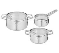 Tefal Nordica - Juego de 3 Ollas + Tapas: 2 Cacerolas de 20/24 cm, Cazo de 16 cm de acero inoxidable, 3 tapas de cristal, tecnología Full Induction, minimalista, todo tipo de cocinas, apto para horno