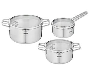 Tefal Nordica - Juego de 3 Ollas + Tapas: 2 Cacerolas de 20/24 cm, Cazo de 16 cm de acero inoxidable, 3 tapas de cristal, tecnología Full Induction, minimalista, todo tipo de cocinas, apto para horno