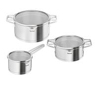 Tefal Nordica - Juego de 3 Ollas + Tapas: 2 Cacerolas de 20/24 cm, Cazo de 16 cm de acero inoxidable, 3 tapas de cristal, tecnología Full Induction, minimalista, todo tipo de cocinas, apto para horno