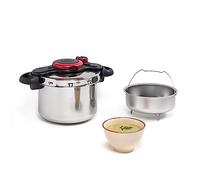 Tefal Olla a Presión Clipso Minut Easy 6 L - Acero Inoxidable, Modos de cocción de alta y baja presión, 5 sistemas de seguridad y cierre fácil con una sola mano, cestillo vapor integrado