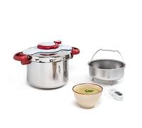 Tefal Olla a Presión Clipso Minut Perfect 6 L - Acero Inoxidable con Cinco Sistemas de Seguridad y Cierre Fácil Con Una Sola Mano con Cestillo Vapor Integrado, Multicolor, 22 cm