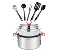 Tefal OptiSpace - Juego 3 ollas 18/20/24 cm + tapa de plástico y acero inoxidable + 5 accesorios, asas antideslizante toque frío, marcas de medida, apto horno y lavavajillas, todo tipo de cocinas