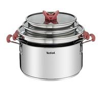 Tefal OptiSpace - Juego de 3 Ollas+ 3 tapas: Ollas de 18, 20 y 24 cm de acero inoxidable, 3 tapas planas, asas antideslizante toque frío, marcas de medida, todo tipo de cocinas