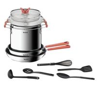 Tefal Optispace - Juego de 5 Piezas + 2 Accesorios, Acero inoxidable | 2 Sartenes 24/28cm + 3 Ollas 18/20/22 cm + 2 Tapas, Revestimiento antiadherente, Diseño apilable, Thermo-Spot, Apto inducción