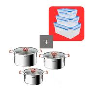 Tefal OptiSpace - Juego de 3 Ollas+ 3 tapas: Ollas de 18, 20 y 24 cm de acero inoxidable, 3 tapas planas, asas antideslizante toque frío, marcas de medida, todo tipo de cocinas
