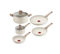 Tefal Stone White - Juego de 5 Piezas, Aluminio | 3 Sartenes 20/24/28 cm + Cazo con Tapa 16cm + Olla con Tapa 24 cm, Revestimiento Antiadherente, Thermo-Signal, Apto inducción