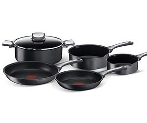 Tefal Unlimited On - 20/26 cm, 3 Cazos 16/20/24 cm de acero inoxidable, sartenes antiadherentes, tapa cristal, Thermo-Signal, todo tipo de cocinas, Juego 2 sartenes + 3 cazos