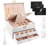 TEGOVE Caja Joyero de 3 Niveles,Joyeros Mujer Organizador,Grande Joyero Viaje Cajones Niña,Joyero de terciopelo,con cerradura y llave,para Pulseras,Pendientes,Anillos,Collares,Relojes,Blanco