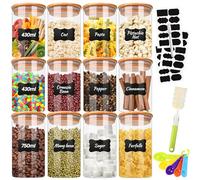 TEGOVE Juego de 12 tarros de cristal con tapa de bambú, 430 ml/750 ml, tarros de cocina con tapa de bambú, herméticos para alimentos, ideales para la conservación de productos secos, especias, té