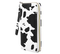 TEHAUX Cartera Pequeña para Mujer Estampado de Vaca Múltiple Compartimentos Cuero Sintético PU Diseño Horizontal Largo Monedero Compacto Negro Adecuado para Viaje y Uso Diario