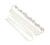 TEHAUX Cinturón de Novia Ajustable con Pedrería de Gemas de Imitación y Perlas, Faja Fina con Cinta de Seda Color Marfil para Vestido de Boda Elegante