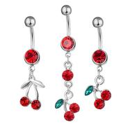 TEHAUX Dije Cómodo Anillo en Acero Inoxidable de Cereza Ombligo Elegante y Creativo y Cristales de Imitación Paquete de 3 Piezas para Uso Diario