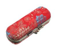 TEHAUX Estuche para Lápiz Labial Compacto Pequeño de Estilo Palacio con Diseño Floral Bordado, Color Rojo con Flores Azules, con Espejo Incorporado, Adecuado para Maquillaje y Viaje