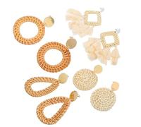 TEHAUX Pendientes de Ratán Mujer Geométricos Colgantes Borla, Conjunto de 4 Pares, Tejido de Paja Trenzada Boho para Fiesta