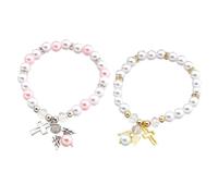 TEHAUX Pulsera de Mano Elástica Cruz Hueca y Diseño de Ángel, Juego de 2 Piezas en Tonos Claros y Rosa, Cadenas de Perlas Delicadas para Mujer, Joyería Religiosa para Color Aleatorio