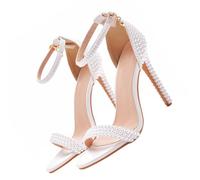 TEHAUX Tacones Altos de Perla para Mujer Sandalias Peep Toe de Tacón Puntiagudo de 11 CM Color Blanco Diseño Abierto Antideslizantes y Resistentes para Bodas y Fiestas Formales