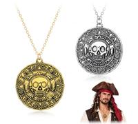 TEHJAM 2 Unidades Collar Pirata Con Forma De Calavera(Oro + Plata) | Accesorios De Joyería De Disfraz Con Colgante,Amuleto Para Piratas,Pirata Mujer,Carnaval,Halloween y Fiesta Temática