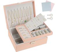 TEIVUL Jewelry Box Earring Holder Organiser for Girls Women,PU Leather Pink Jewellery box with Earrings Rings Necklaces Holder