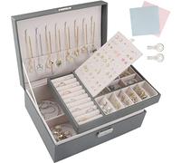 TEIVUL Joyeros Mujer Organizador, Joyero de piel sintética, Organizador Grande Extraíble de 2 Capas, para Collares, Pendientes, Pulseras, Anillos, Accesorios (Gris)