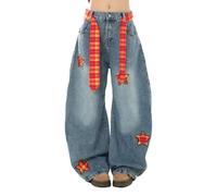 Tejanos Mujer,Pantalones Vaqueros Holgados de Pierna Recta y Ancha con cinturón de Patchwork y Bordado de Estrellas