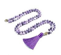 Tejesa - Collar con cuentas de lepidolita morada de 8 mm anudadas 108 Mala para meditación, yoga, oración, joyería con borla para mujer