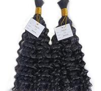 Tejido de cabello a granel rizado profundo for trenzar cabello humano 100% virgen mongol 100 g por paquete Color natural Sin trama Extensiones a granel de cabello humano(2 Bundles 200g,16 Inch)