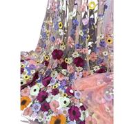 Tejidos de tul bordado con encaje, Unilateral Embroidered 3D Applique Wedding Fabric For DIY Polyester Mesh Multicolor 1Yard(Pink Mesh)