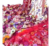 Tejidos de tul bordado con encaje, Unilateral Embroidered 3D Applique Wedding Fabric For DIY Polyester Mesh Multicolor 1Yard(Red Mesh)