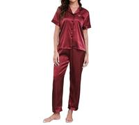 TeJoyce Pijama de Seda para Mujer de Verano, Ropa de Dormir de Raso de Dos Piezas, Conjunto de Satén de Manga Corta con Botones y Pantalón Largo, Ropa de Casa Elegante y Ligera S-XXL