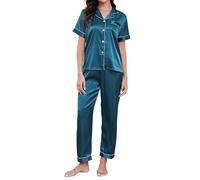 TeJoyce Pijama de Seda para Mujer de Verano, Ropa de Dormir de Raso de Dos Piezas, Conjunto de Satén de Manga Corta con Botones y Pantalón Largo, Ropa de Casa Elegante y Ligera S-XXL
