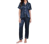 TeJoyce Pijama de Seda para Mujer de Verano, Ropa de Dormir de Raso de Dos Piezas, Conjunto de Satén de Manga Corta con Botones y Pantalón Largo, Ropa de Casa Elegante y Ligera S-XXL