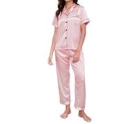 TeJoyce Pijama de Seda para Mujer de Verano, Ropa de Dormir de Raso de Dos Piezas, Conjunto de Satén de Manga Corta con Botones y Pantalón Largo, Ropa de Casa Elegante y Ligera S-XXL