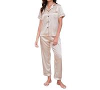 TeJoyce Pijama de Seda para Mujer de Verano, Ropa de Dormir de Raso de Dos Piezas, Conjunto de Satén de Manga Corta con Botones y Pantalón Largo, Ropa de Casa Elegante y Ligera S-XXL