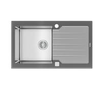 TEKA Fregadero de Encastre 1 Cubeta con Escurridor Reversible en Inox y Cristal, Profundidad 20 cm, SilentSmart, Efecto Impermeable PureClean, Mueble Bajo 50 cm, Serie Diamond LUXE 1C 1E Stone GREY