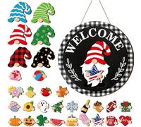 Teksome Cartel De Bienvenida Intercambiable De De Madera,Letrero Estacional Intercambiable de Madera,Decoración para Aula con Piezas Magnéticas Y Sombreros Desmontables - para Navidad Halloween Y