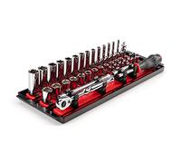 TEKTON 1/4 Inch Drive 6-Point Socket and Ratchet Set with Rails and Tray, 35-Piece (4-15 mm) | SKT03201