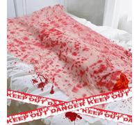 Tela con Sangre Aterradora,Gasa Sangrienta de Halloween,Paño de Sangre Espeluznante,Miedo Vendaje de Sangre Halloweens con Cinta Advertencia 6m para Uso en Interiores y Exteriores,1.65 * 1m