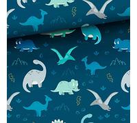 Tela de algodón 50 x 150 cm con dinosaurios, no se vende por metros, tela dinosaurio de 100 % algodón, telas para coser para niños y bebés, 7 dinosaurios en azul marino, tejidos de algodón de alta