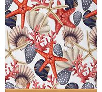 Tela de conchas marinas por The Yard, tela de tapicería de estrella de mar para sillas, tela decorativa coral, tela náutica de animales marinos botánicos, tela impermeable de piedra, azul rojo, 3