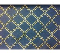 Tela de enrejado marroquí azul marino - Cojín para tapicería de damasco geométrico árabe dorado para decoración del hogar - 140 cm de ancho (2 metros)