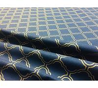 Tela de enrejado marroquí azul marino - Cojín para tapicería de damasco geométrico árabe dorado para decoración del hogar - 140 cm de ancho (1 metro)