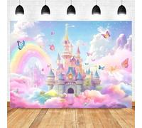 Tela de fondo de princesa con castillo de arco iris, tema de cuento de hadas, fiesta de cumpleaños, material de fotografía del reino del arco iris, decoración del hogar, colgante de pared, decoración