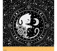 Tela de gato kawaii por The Yard - Tela de galaxia estrellada negra y blanca para niños amantes de la costura, exóticas flores de sol y luna de dibujos animados, tela de animales para decoración de