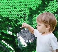 Tela de lentejuelas para pared sensorial de alta densidad de 0.197 in para niños, tela de lentejuelas reversible cortada a medida, tela de sirena (2 yardas, verde a plata)