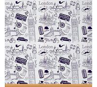 Tela de Londres por The Yard England Theme Doodle famoso monumentos arquitectónicos, ilustración temática, tela de tapicería para sillas, Big Ben Tower Bridge, tela decorativa impermeable de 1 yarda,