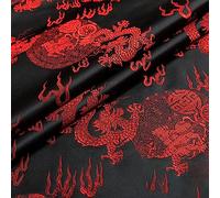 Tela de satén seda con brocado y flores for coser tú mismo, hermoso patrón dragón fuego que simboliza la longevidad auspiciosa, edredón círculo negro rojo, tela china 75 x 100 cm(B)