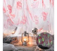 Tela Espeluznante de Halloween 500x215cm, Brilla en la Oscuridad, Halloween Tela Decoracion para Interior y Exterior, Fiestas, Casas Embrujadas, Puertas, Jardín - Negra/Blanco (Blanco)